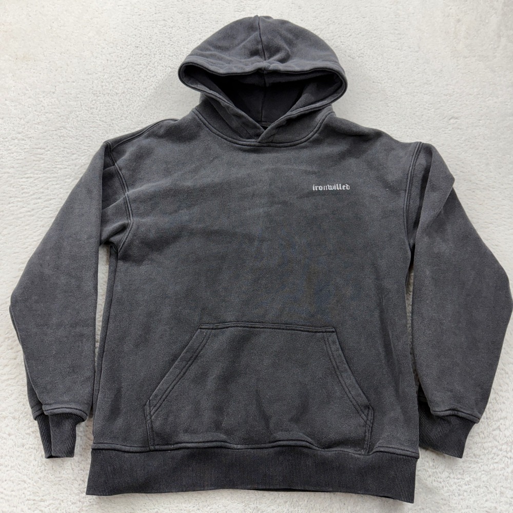 Ironwilled Mens Mineral Wash Pullover Hoodie Black Gothic Embroidery Small